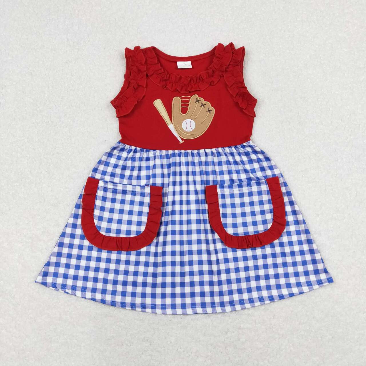 RTS NO MOQ(In Stock) Embroidered baseball glove blue white plaid red sleeveless dress