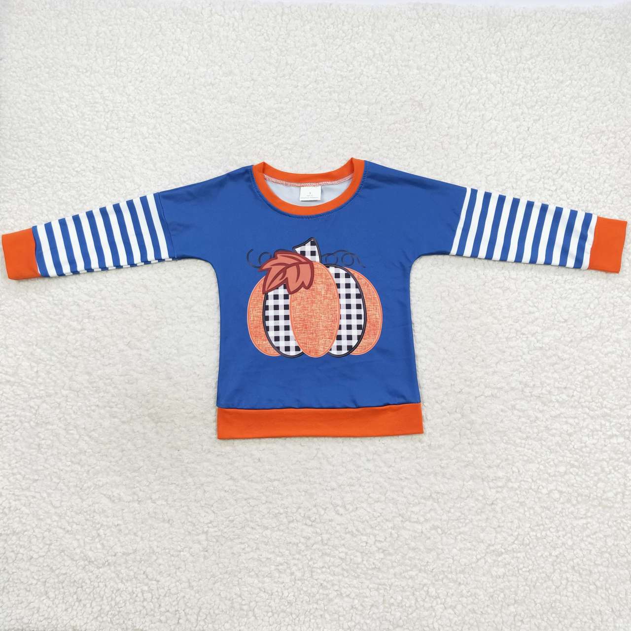 BT0243 Plaid Orange Pumpkin Blue and White Striped Long Sleeve Top