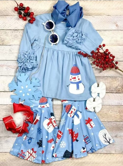 GLP0901 Snowman Gift Blue Long Sleeve Pants Suit