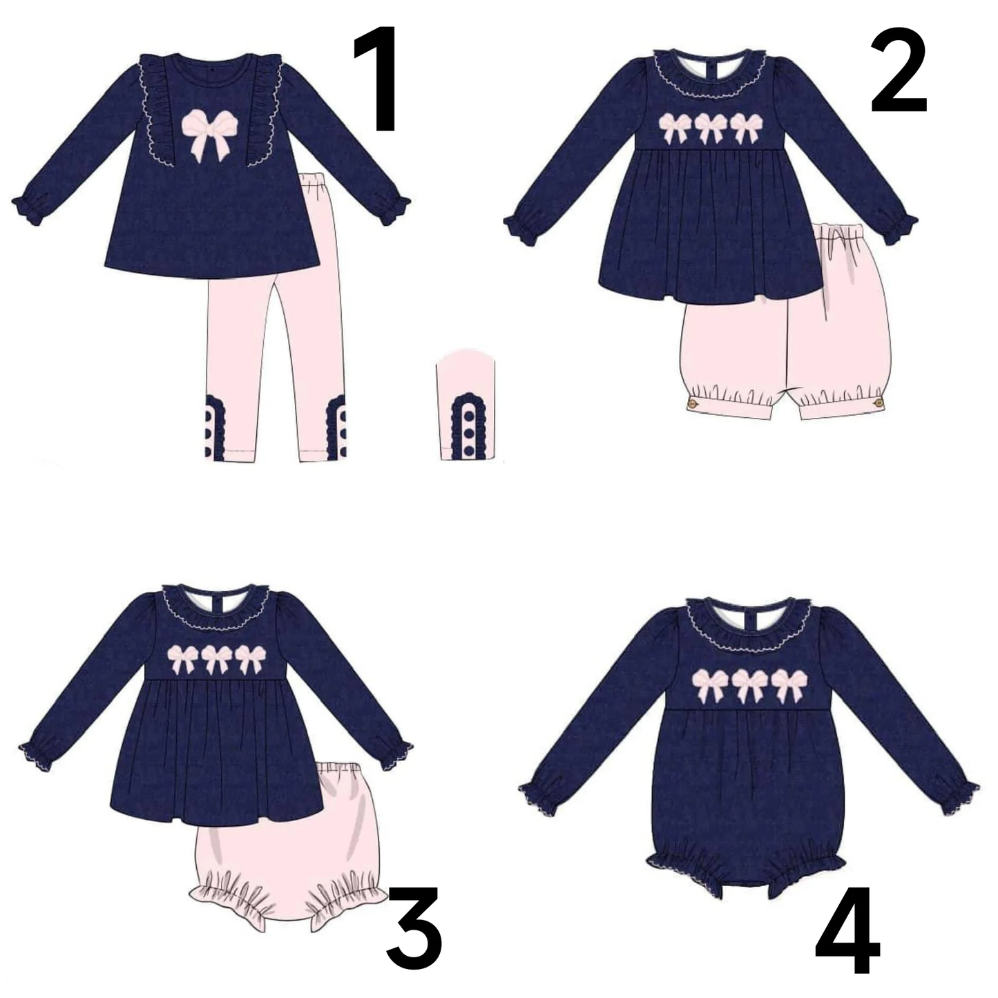 Custom moq 3 mix size eta 6-8 weeks Pink embroidered bow pattern dark blue mixed suit