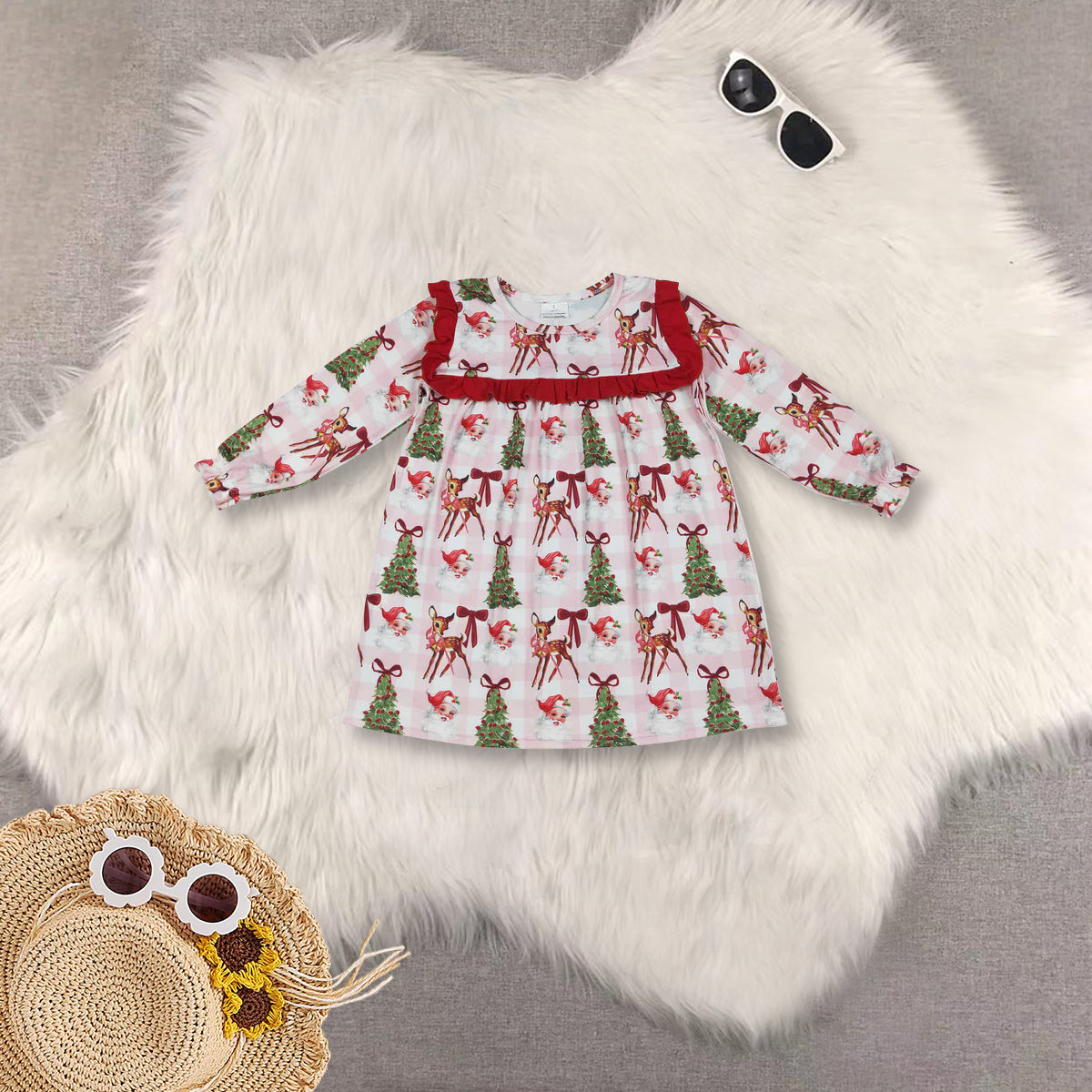 RTS Sibling baby girls clothes Christmas cartoon bow long Sleeve dresses