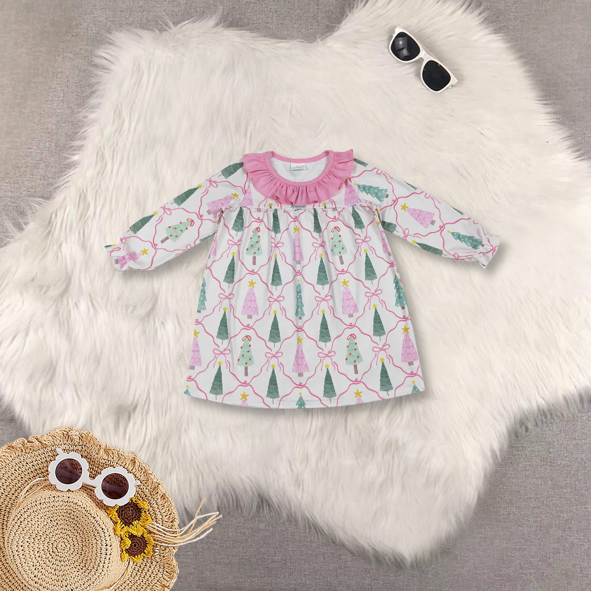 RTS Sibling baby girls clothes Christmas cartoon bow long Sleeve dresses