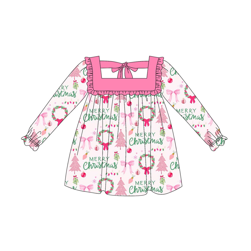 no moq GLD1119 PRE-ORDER baby girl clothes Christmas bow trees pink long sleeve dress-2025.6.7