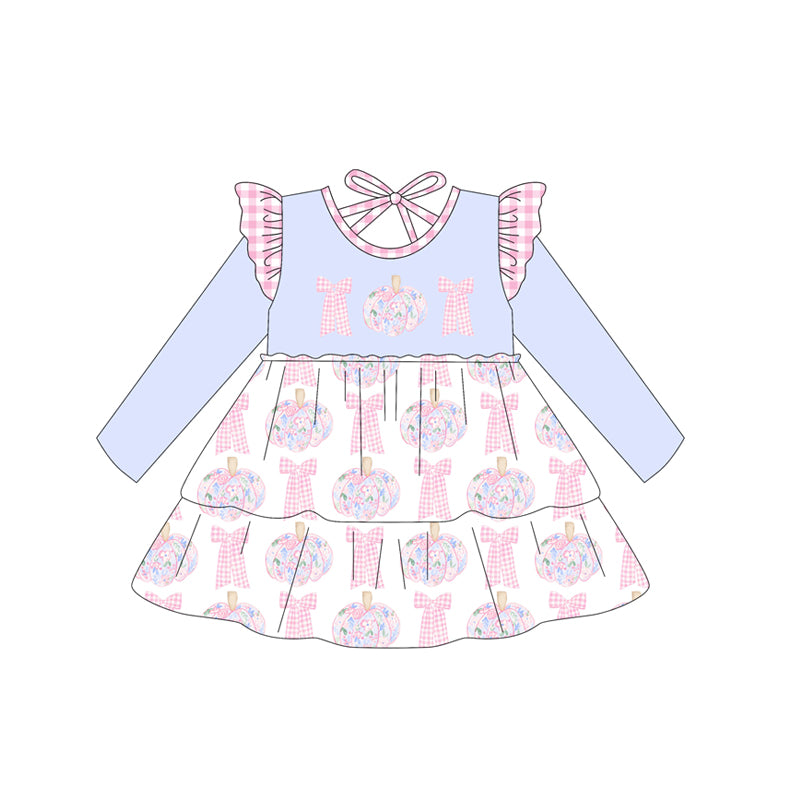 no moq GLD1169 PRE-ORDER baby girl clothes pumpkin bow blue long sleeve dress-2025.6.25