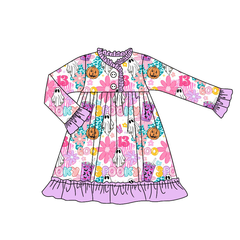 (Pre Order) No moq GLD1181 PRE-ORDER baby girl clothes pumpkin floral purple long sleeve dress-2025.7.3