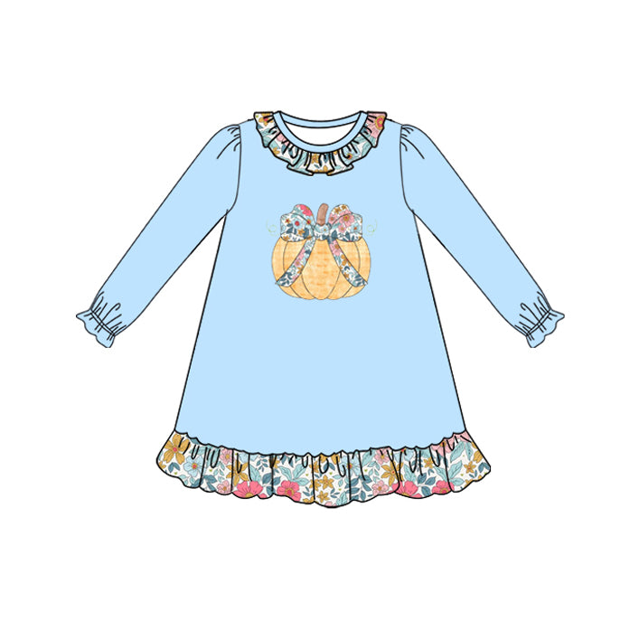 (Pre Order) No moq GLD1206 PRE-ORDER baby girl clothes pumpkin blue long sleeve dress-2025.7.16
