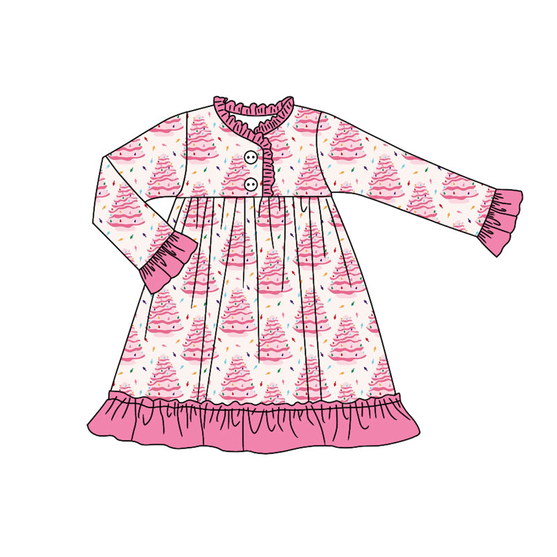 (Pre Order) No moq GLD1225 PRE-ORDER baby girl clothes Christmas trees pink long sleeve dress-2025.7.22