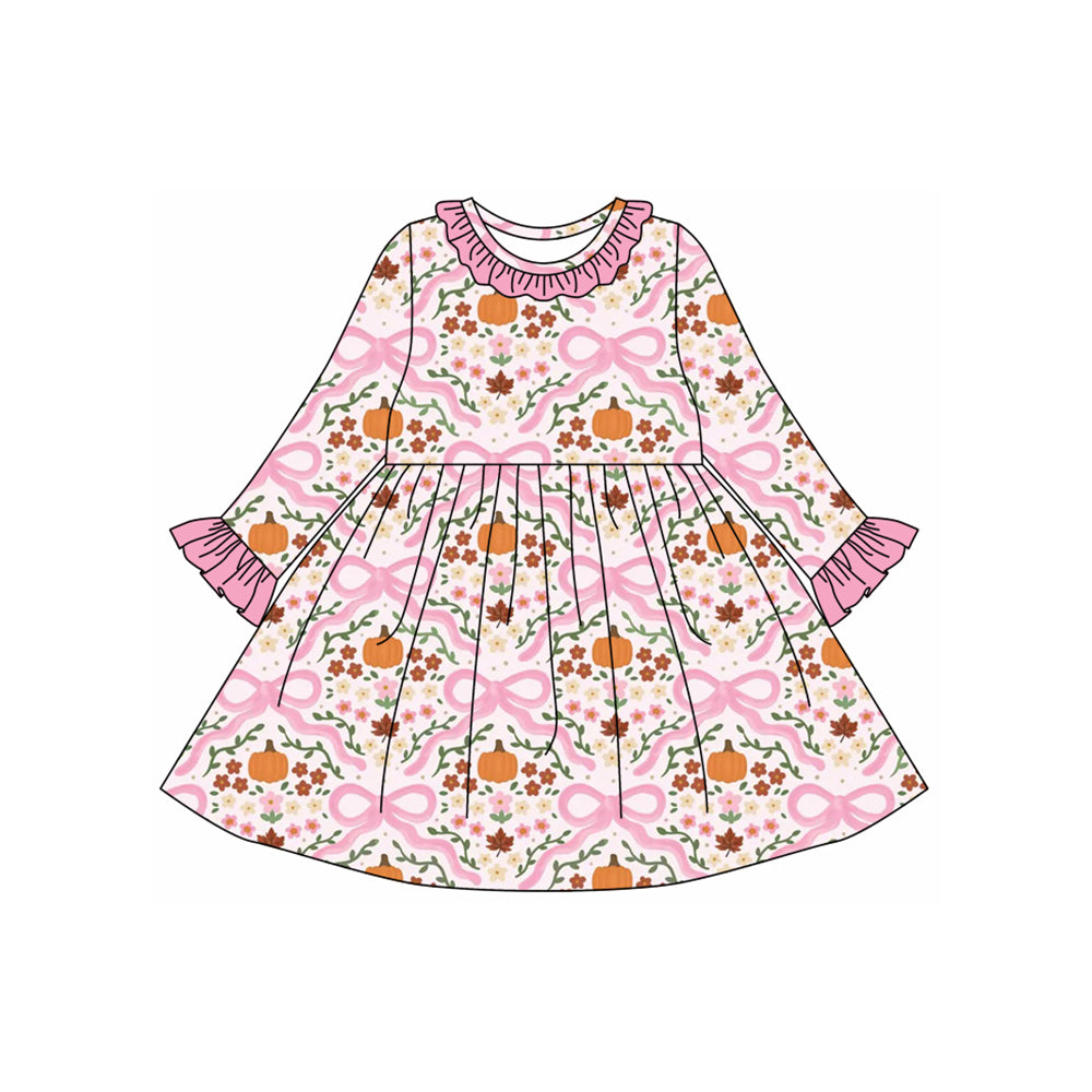 (Pre Order) No moq GLD1226 PRE-ORDER baby girl clothes pumpkin bow floral pink long sleeve dress-2025.7.23