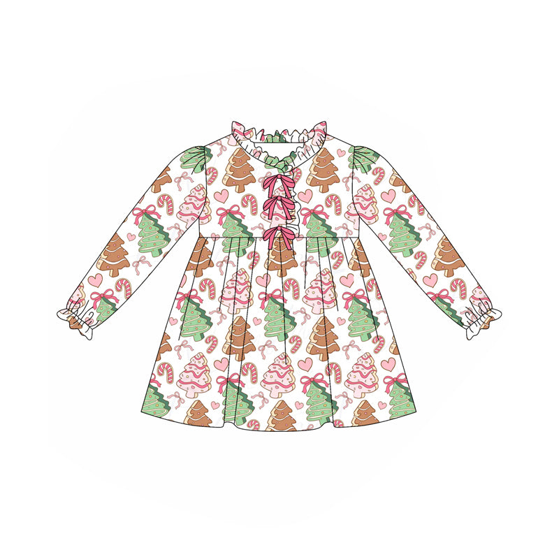(Pre Order) No moq GLD1227 PRE-ORDER baby girl clothes Christmas trees bow long sleeve dress-2025.7.23