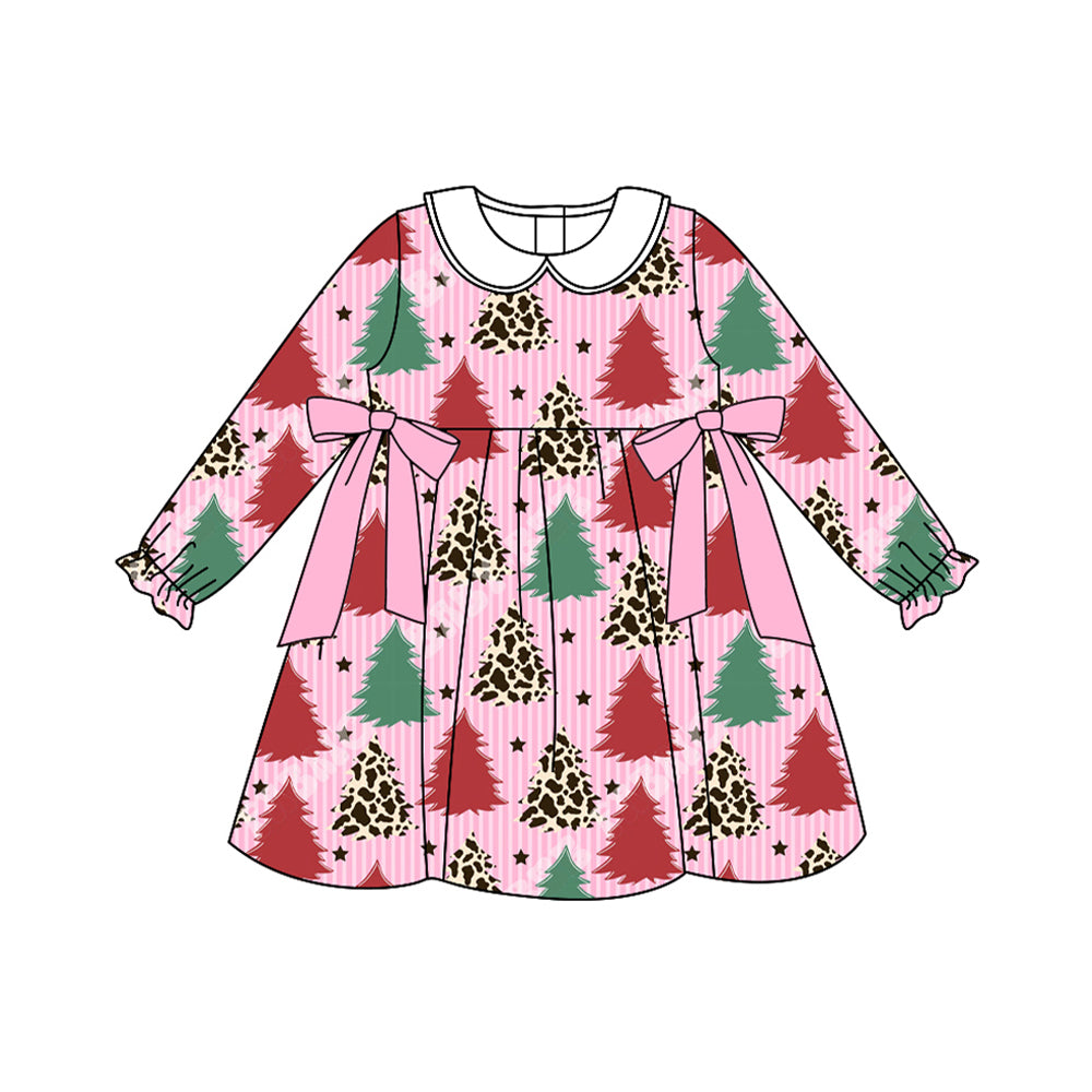 (Pre Order) No moq GLD1242 PRE-ORDER baby girl clothes Christmas trees long sleeve dress-2025.7.30