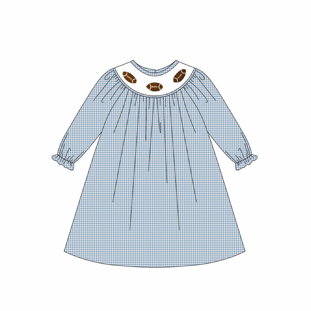(Pre Order) No moq GLD1247 PRE-ORDER baby girl clothes rugby blue long sleeve dress-2025.8.1