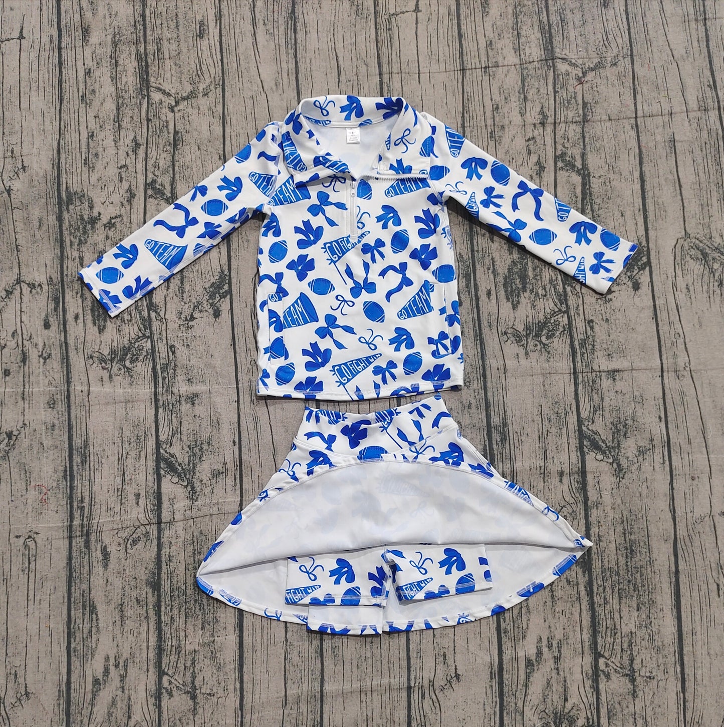 (Pre Order) No moq GLD1283 PRE-ORDER baby girl clothes yoga rugby bow blue long sleeve skirts sets-2025.10.1