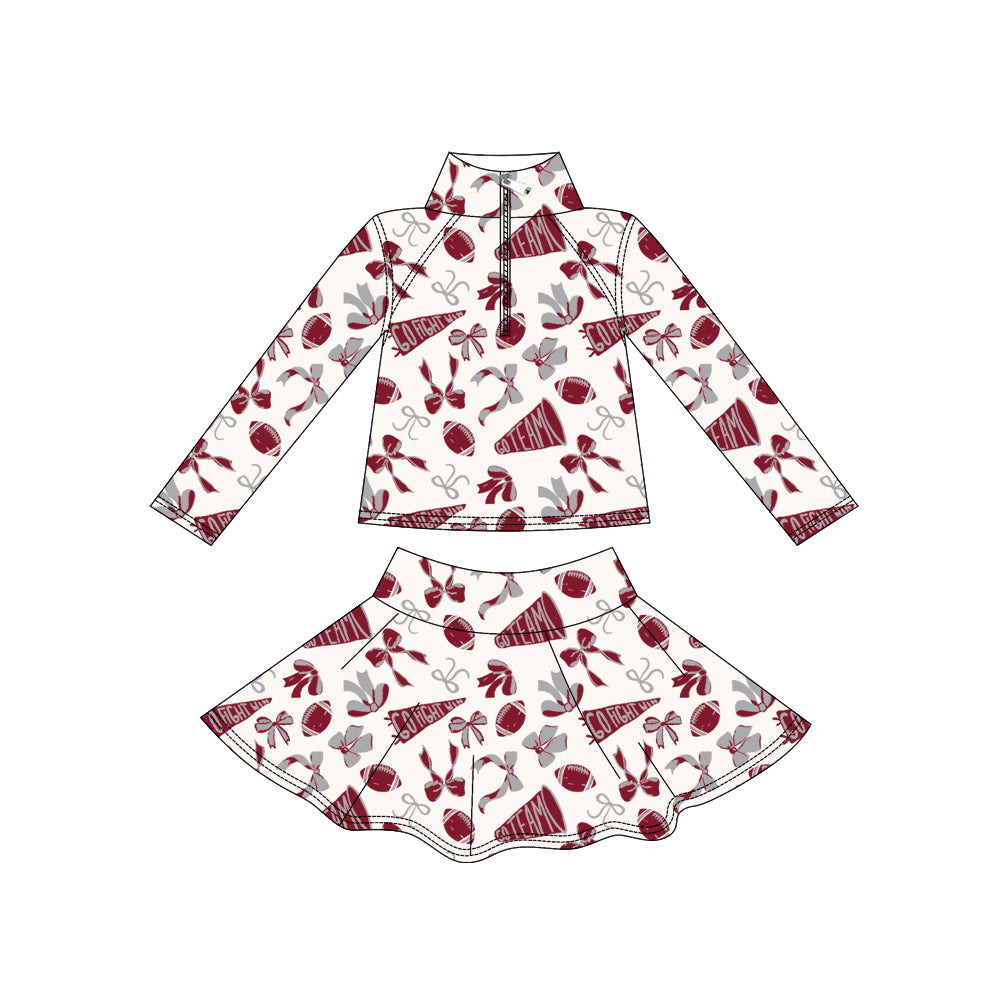 (Pre Order) No moq GLD1284 PRE-ORDER baby girl clothes yoga rugby bow brick red long sleeve skirts sets-2025.9.1