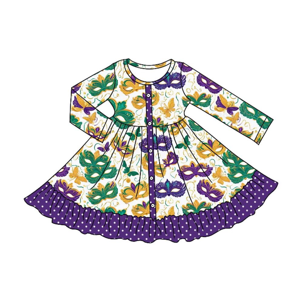 (Pre Order) No moq GLD1294 PRE-ORDER baby girl clothes mardi gras purple long sleeve dress-2025.9.5
