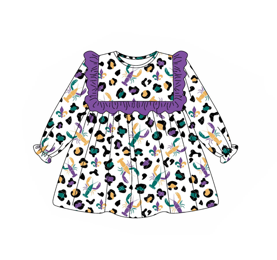 (Pre Order) No moq GLD1307 PRE-ORDER baby girl clothes mardi gras purple long sleeve dress-2025.9.10
