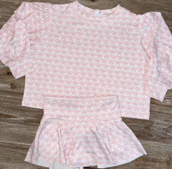 (Pre Order) No moq GLD1340 PRE-ORDER baby girl clothes yoga bow pink long sleeve skirts sets-2025.9.20