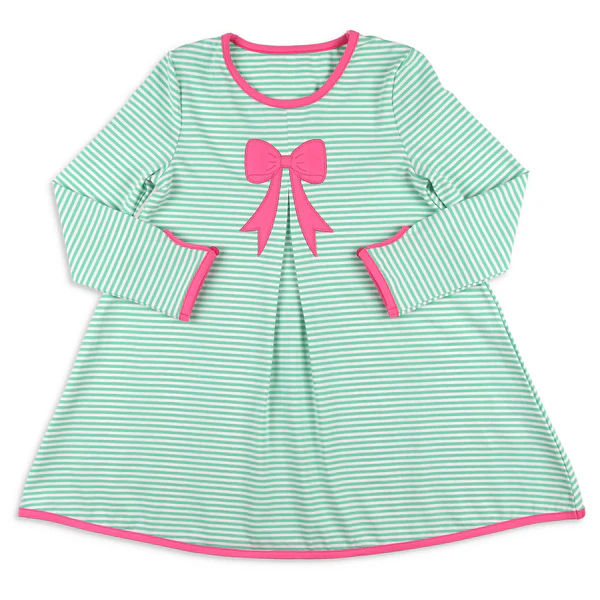 (Pre Order) No moq GLD1342 PRE-ORDER baby girl clothes bow teal long sleeve dress-2025.9.20