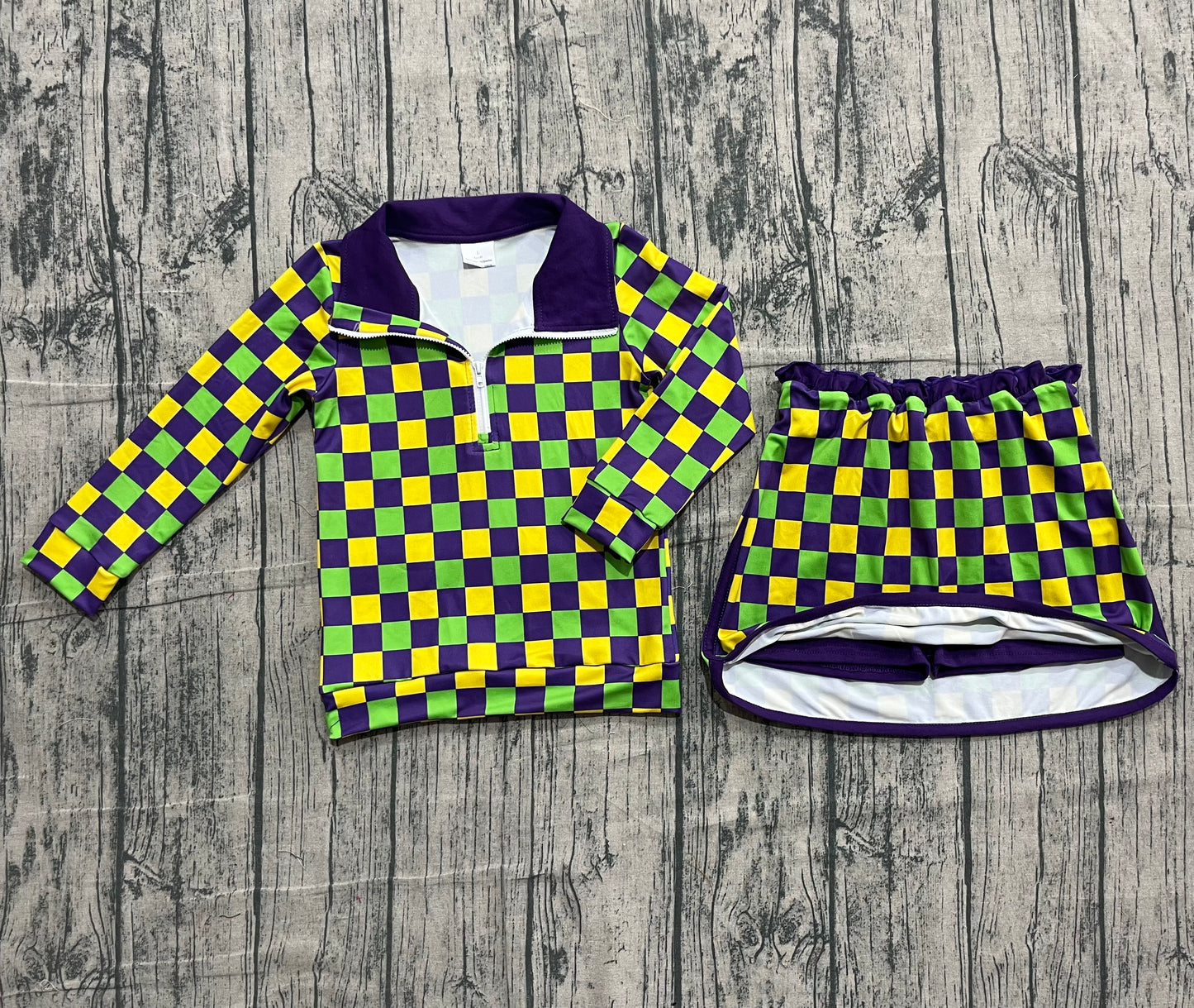 (Pre Order) No moq GLD1362 RE-ORDER baby girl clothes yoga mardi gras long sleeve skirts sets-2025.10.21