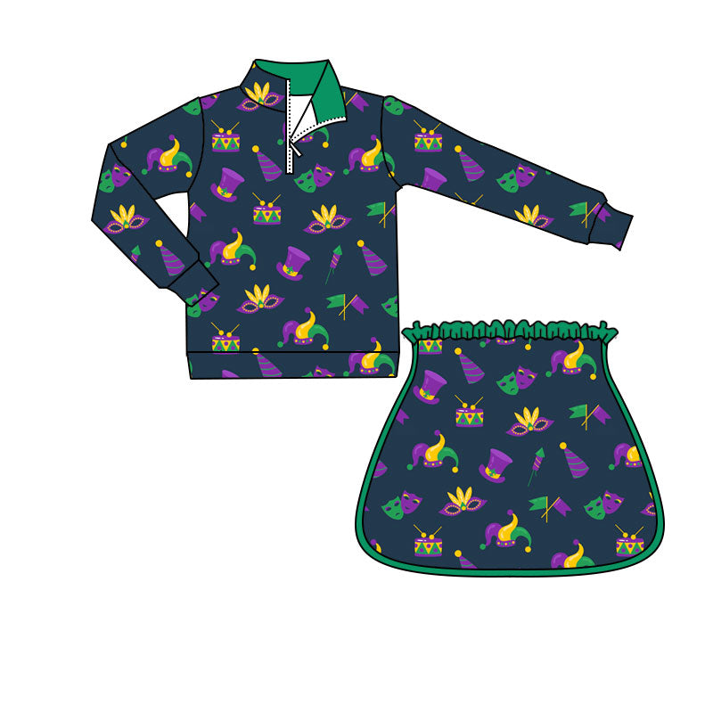 (Pre Order) No moq GLD1369 RE-ORDER baby girl clothes yoga mardi gras long sleeve skirts sets-2025.9.30
