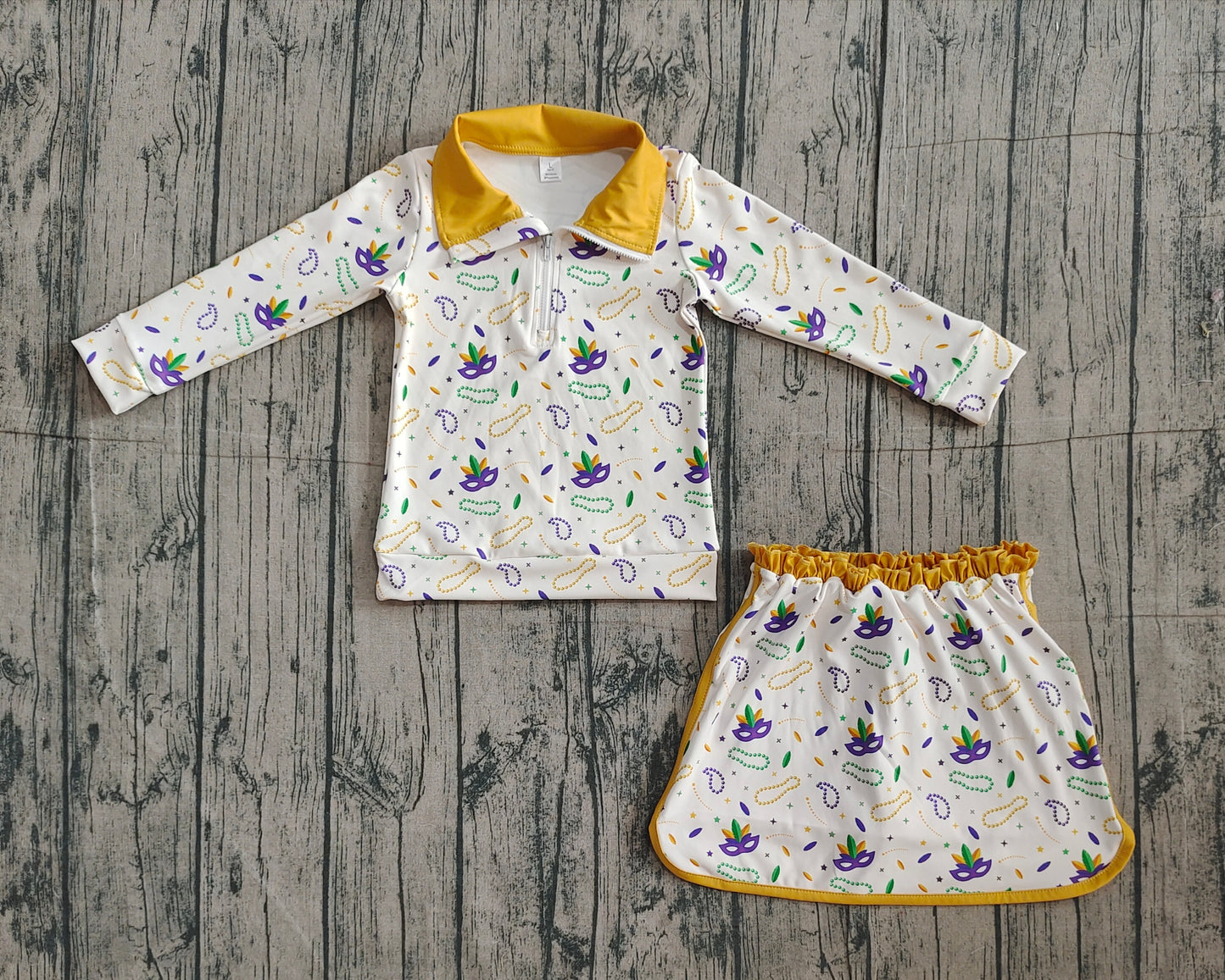 (Pre Order) No moq GLD1370 RE-ORDER baby girl clothes yoga mardi gras long sleeve skirts sets-2025.11.15