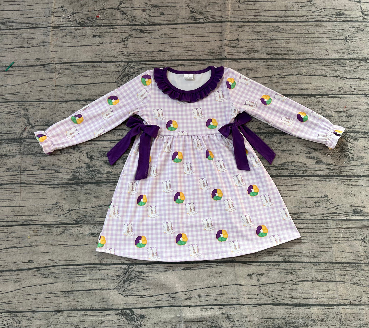 (Pre Order) No moq GLD1379 PRE-ORDER baby girl clothes mardi gras long sleeve dress-2025.11.14