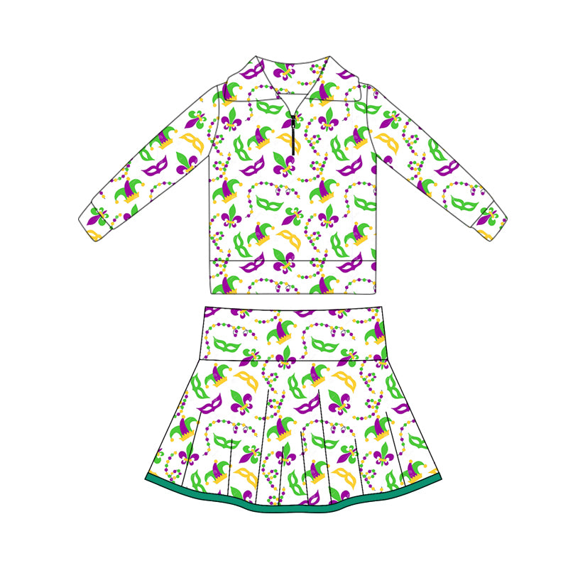 (Pre Order) No moq GLD1396 PRE-ORDER baby girl clothes yoga mardi gras long sleeve skirts sets-2025.10.16