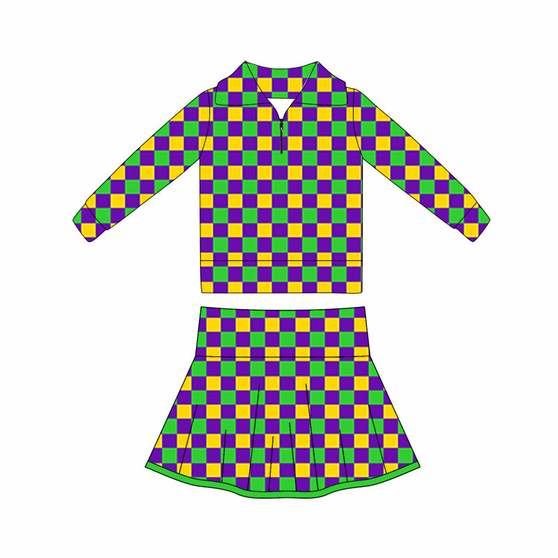 (Pre Order) No moq GLD1397 PRE-ORDER baby girl clothes yoga mardi gras long sleeve skirts sets-2025.10.16