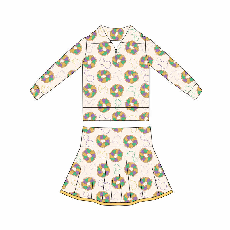 (Pre Order) No moq GLD1398 PRE-ORDER baby girl clothes yoga mardi gras long sleeve skirts sets-2025.10.16