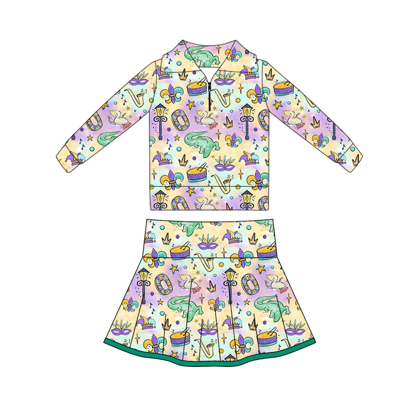 (Pre Order) No moq GLD1401 PRE-ORDER baby girl clothes yoga mardi gras long sleeve skirts sets-2025.10.16