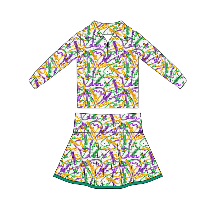 (Pre Order) No moq GLD1404 PRE-ORDER baby girl clothes yoga mardi gras long sleeve skirts sets-2025.10.16