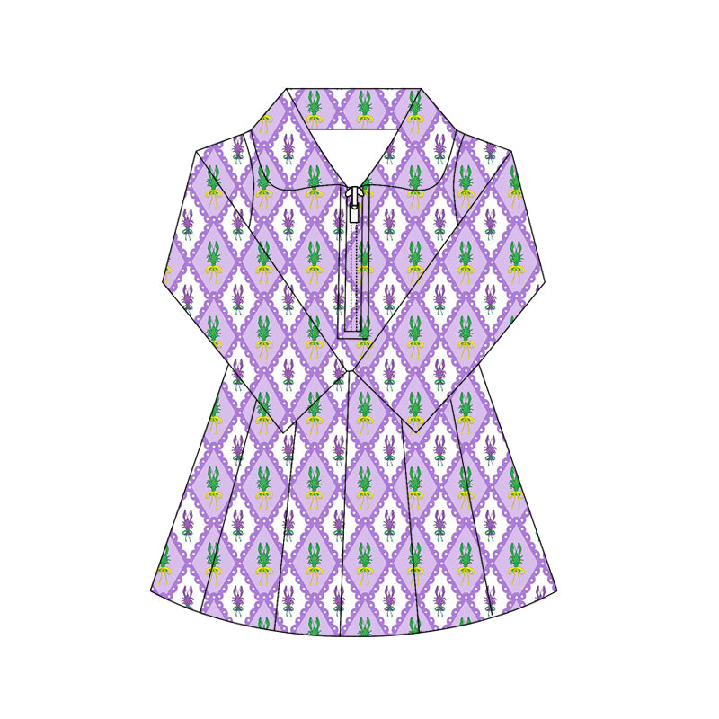 (Pre Order) No moq GLD1409 PRE-ORDER baby girl clothes yoga mardi gras long sleeve dress-2025.10.16