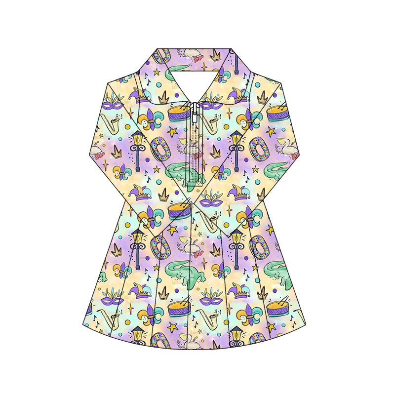 (Pre Order) No moq GLD1411 PRE-ORDER baby girl clothes yoga mardi gras long sleeve dress-2025.10.16