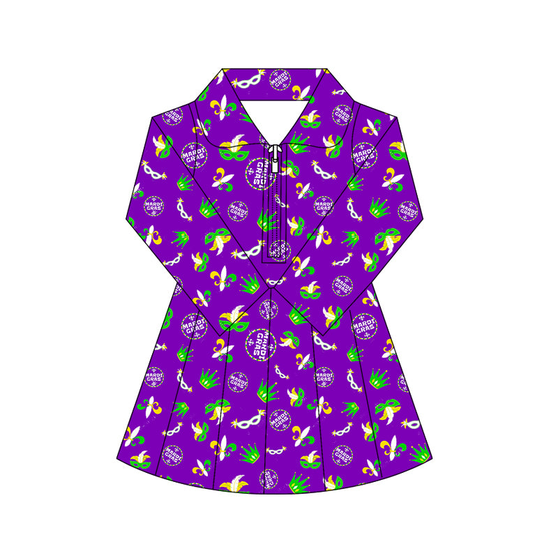 (Pre Order) No moq GLD1413 PRE-ORDER baby girl clothes yoga mardi gras long sleeve dress-2025.10.16