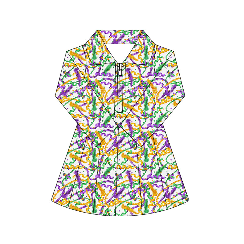 (Pre Order) No moq GLD1414 PRE-ORDER baby girl clothes yoga mardi gras long sleeve dress-2025.10.16