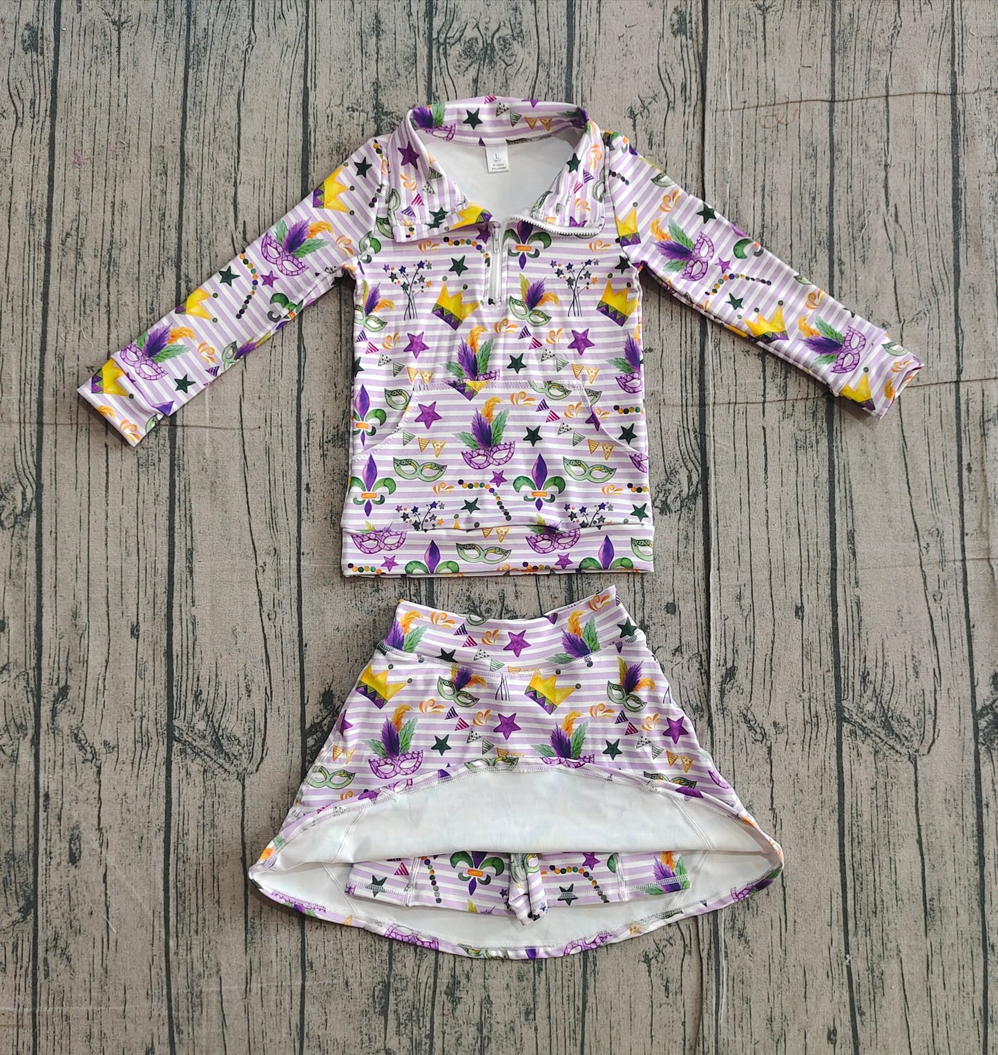 (Pre Order) No moq GLD1415 PRE-ORDER baby girl clothes yoga mardi gras long sleeve skirts sets-2025.11.2