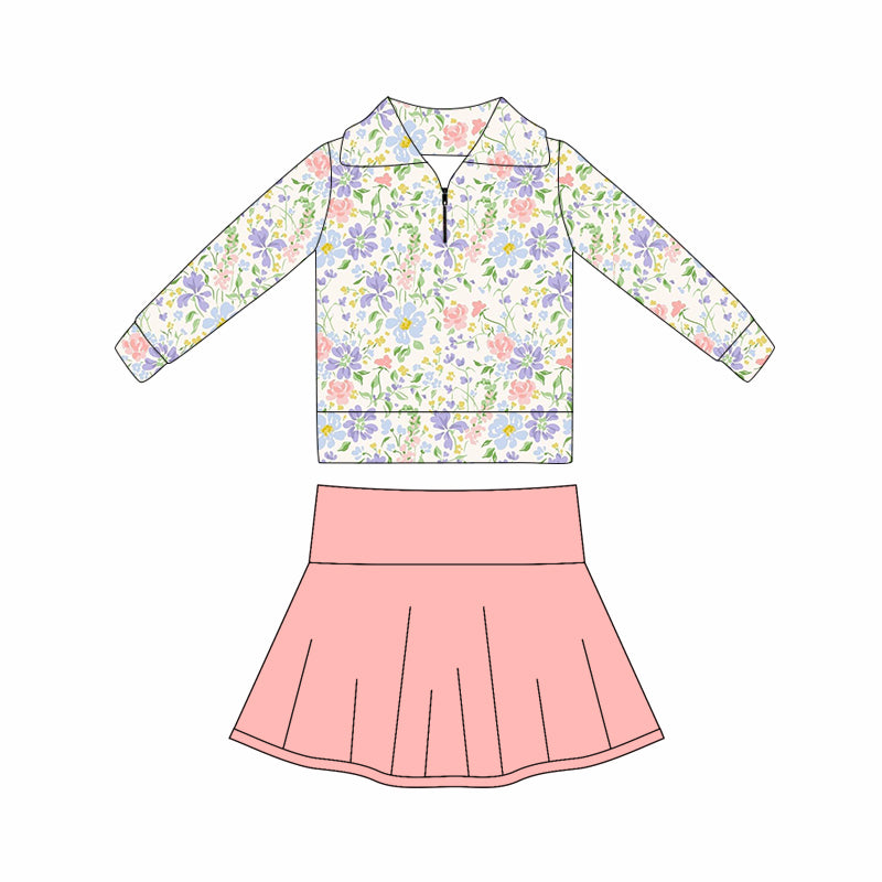 (Pre Order) No moq GLD1420 PRE-ORDER baby girl clothes yoga floral long sleeve skirts sets-2025.10.17