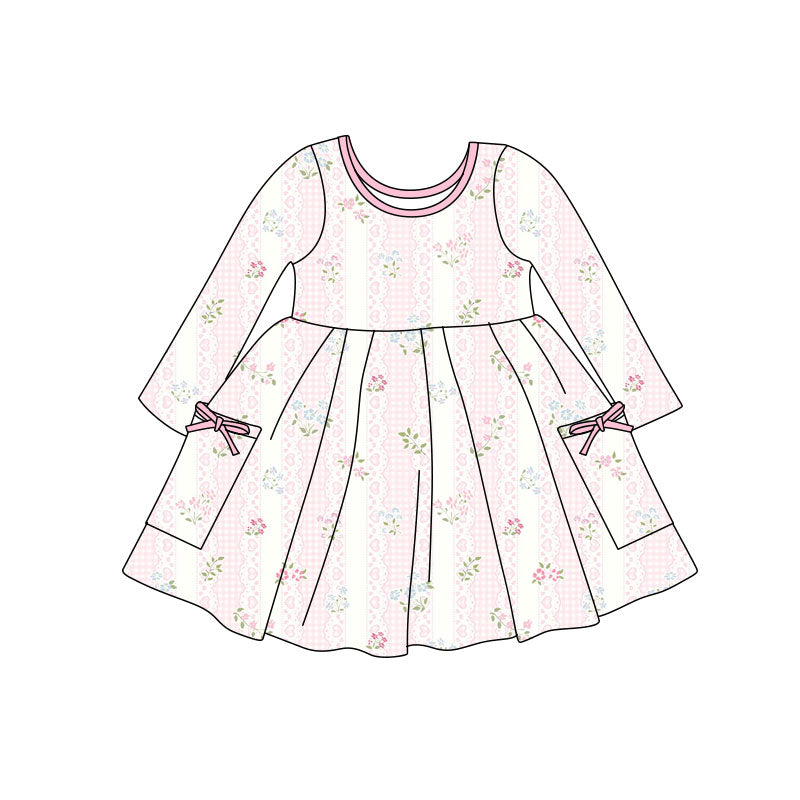 (Pre Order) No moq GLD1486 PRE-ORDER baby girl clothes bow floral pink long sleeve dress-2025.11.7