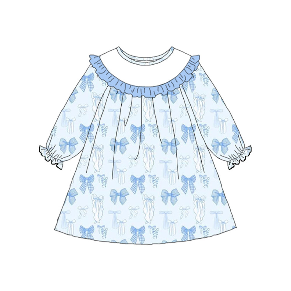 (Pre Order) No moq GLD1497 PRE-ORDER baby girl clothes bow blue long sleeve dress-2025.11.8
