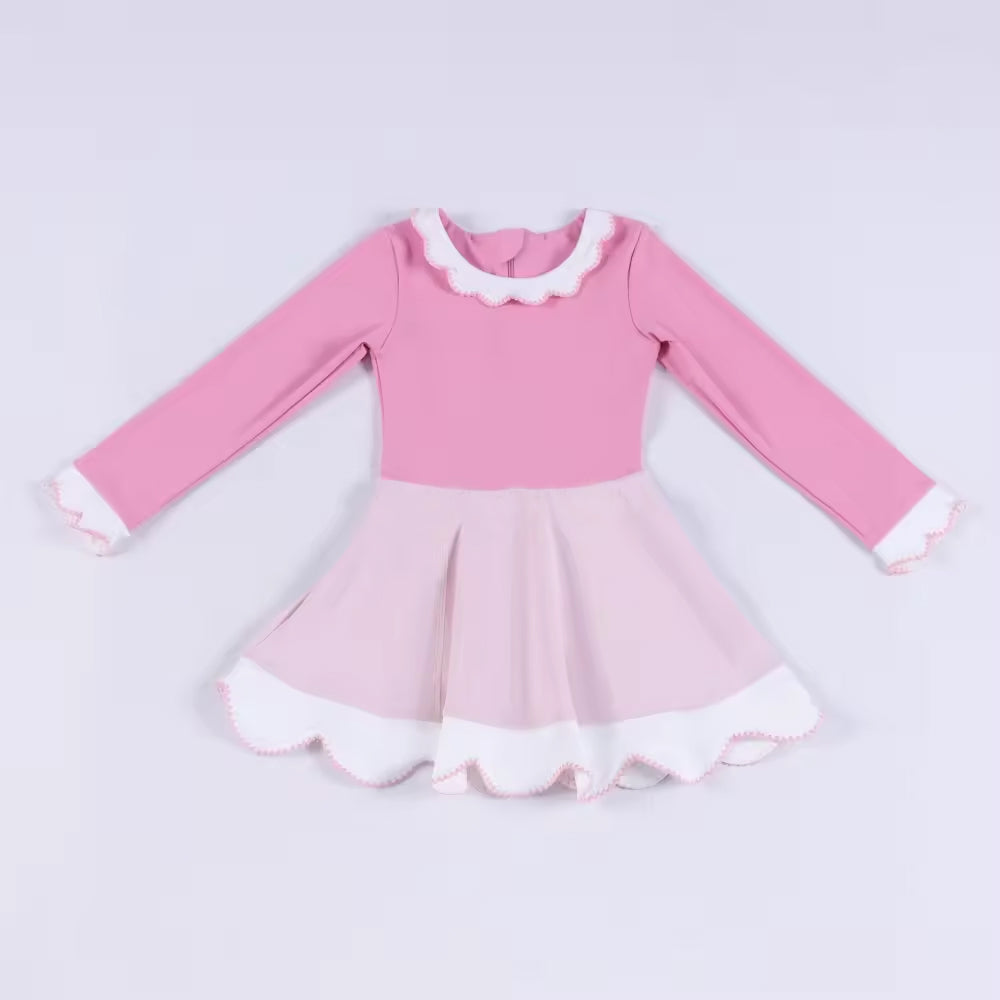 (Pre Order) No moq GLD1522 Pre-order baby girl clothe yoga pink long sleeve dress-2025.11.19