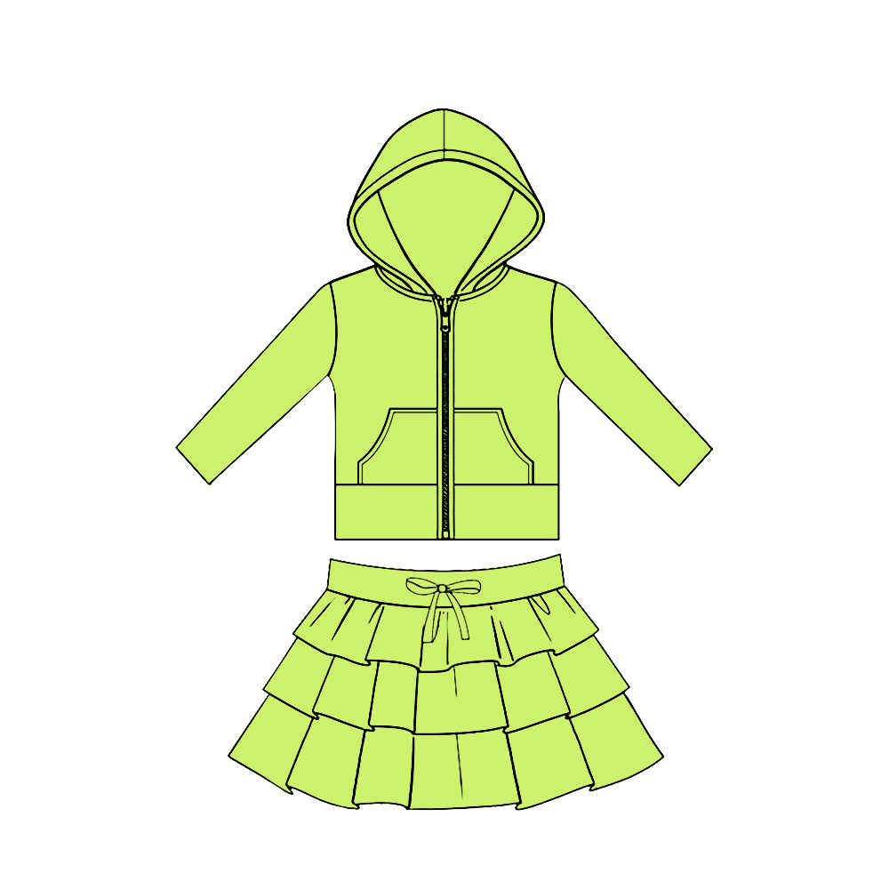 (Pre Order) No moq GLD1525 Pre-order baby girl clothe yoga green hooded long sleeve skirts sets-2025.11.19
