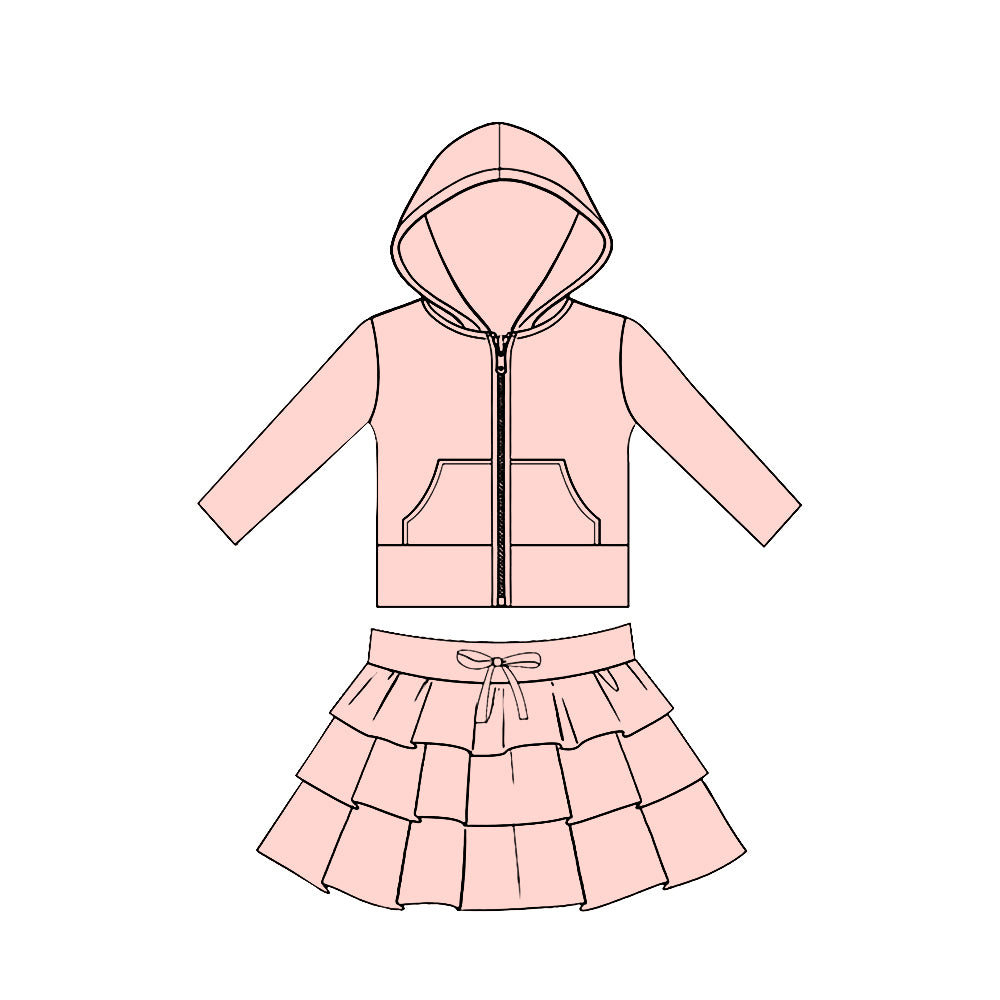 (Pre Order) No moq GLD1529 Pre-order baby girl clothe yoga pink hooded long sleeve skirts sets-2025.11.19