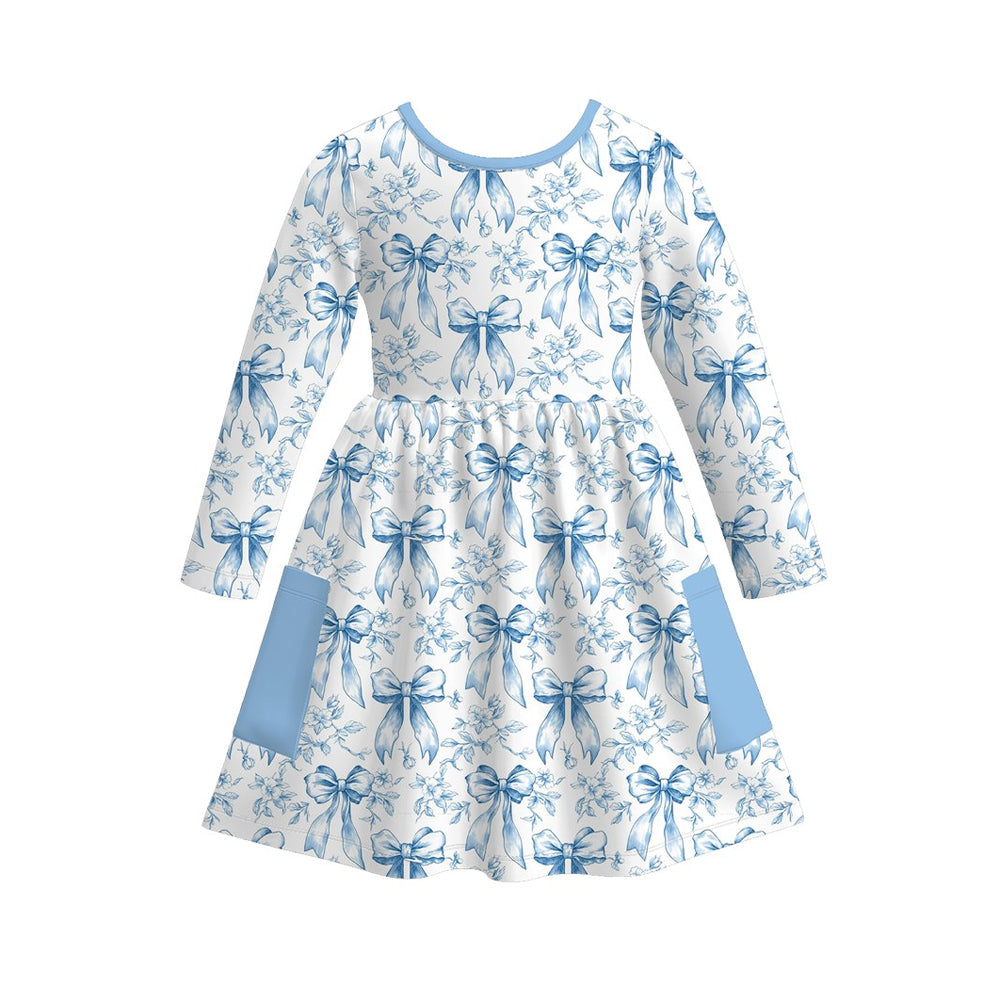 (Pre Order) No moq Pre-order baby girl clothe bow floral blue long sleeve dress