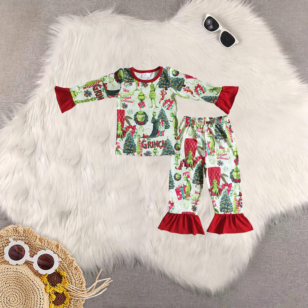 RTS NO MOQ Sibling Baby Girls Christmas trees Long Sleeve Pants Set