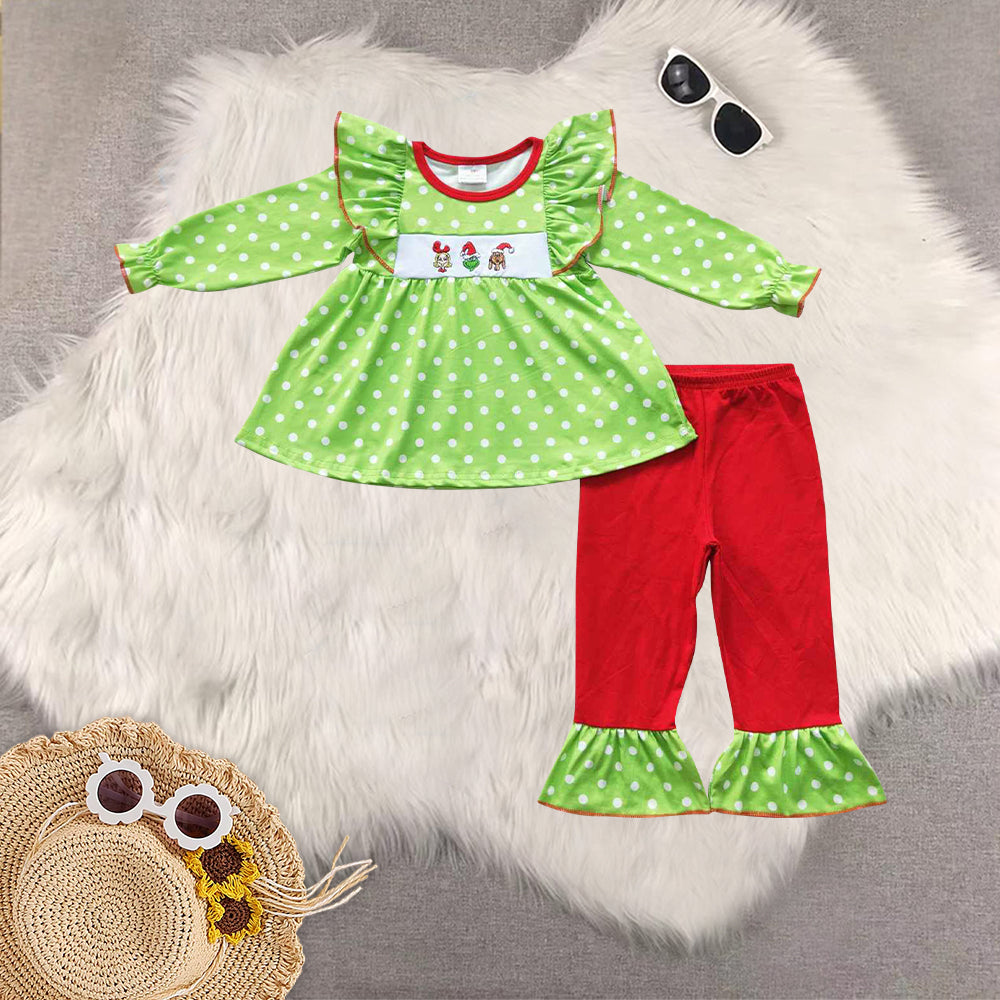 RTS NO MOQ Sibling Baby girls clothes Embroidery Christmas cartoon long-sleeved trousers suit & rompers and dress