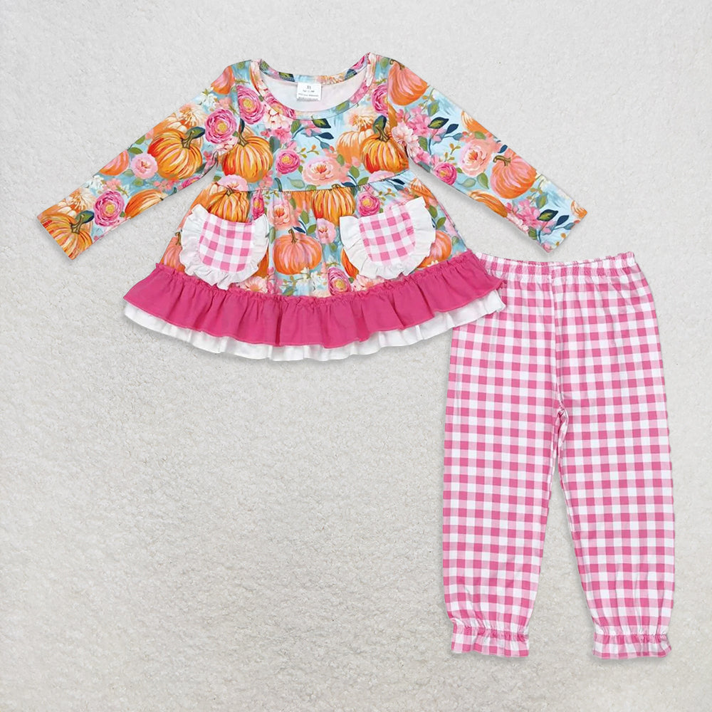 RTS NO MOQ Sibling Baby Girls embroidery pumpkin halloween Long Sleeve Pants Sets