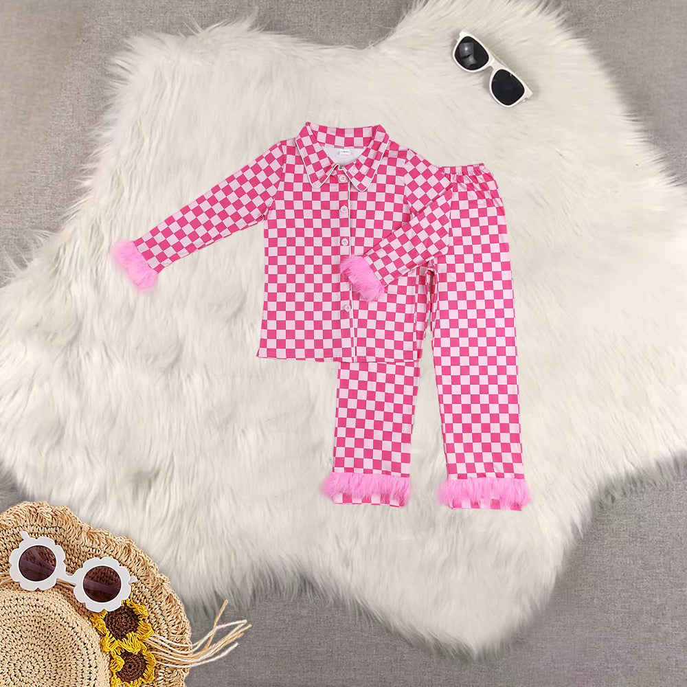 RTS NO MOQ Sibling adults women Christmas Pink Plush Button Long Sleeve Long Pants Pajama Sets