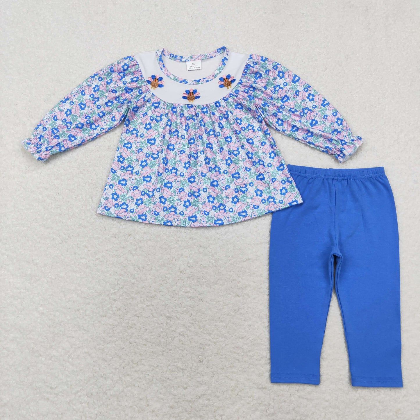 RTS NO MOQ(In Stock) GLP1379 Embroidered turkey blue-green flower long-sleeved trousers set