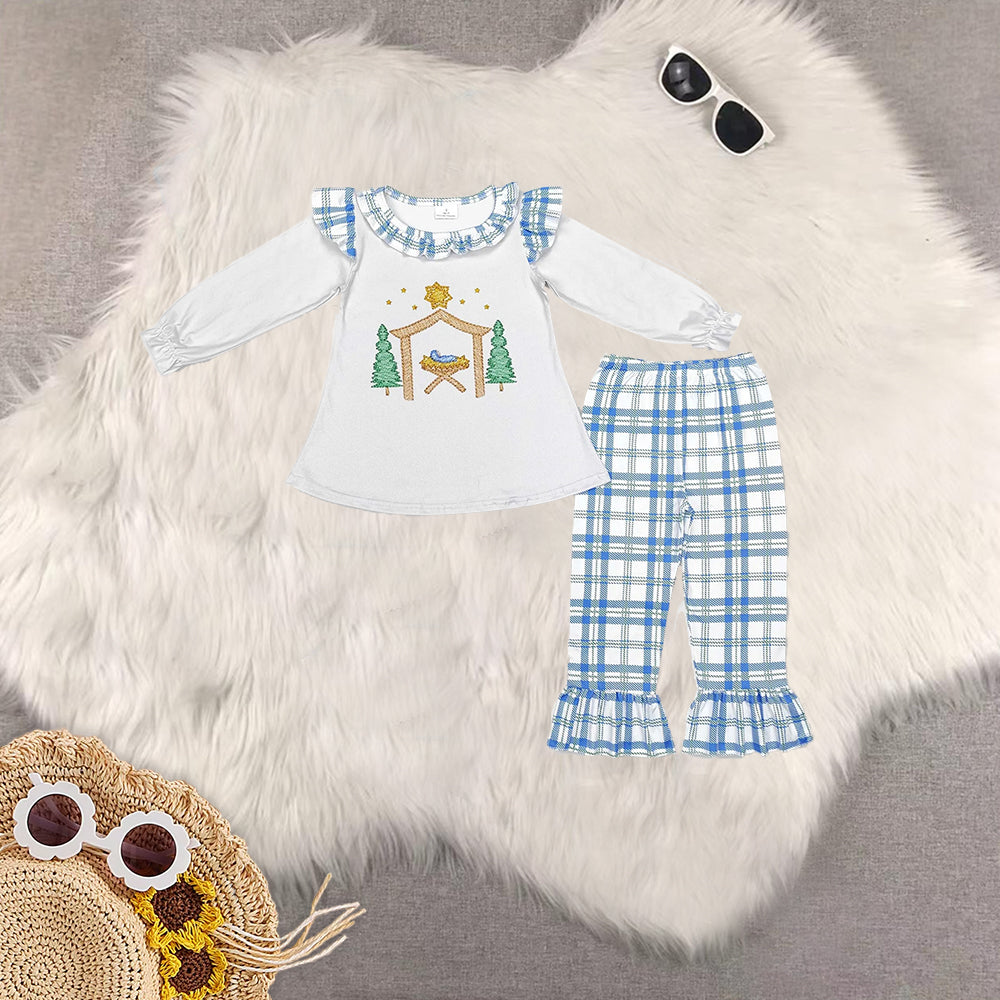 RTS NO MOQ Sibling Baby Girls Christmas trees Long Sleeve Pants Set