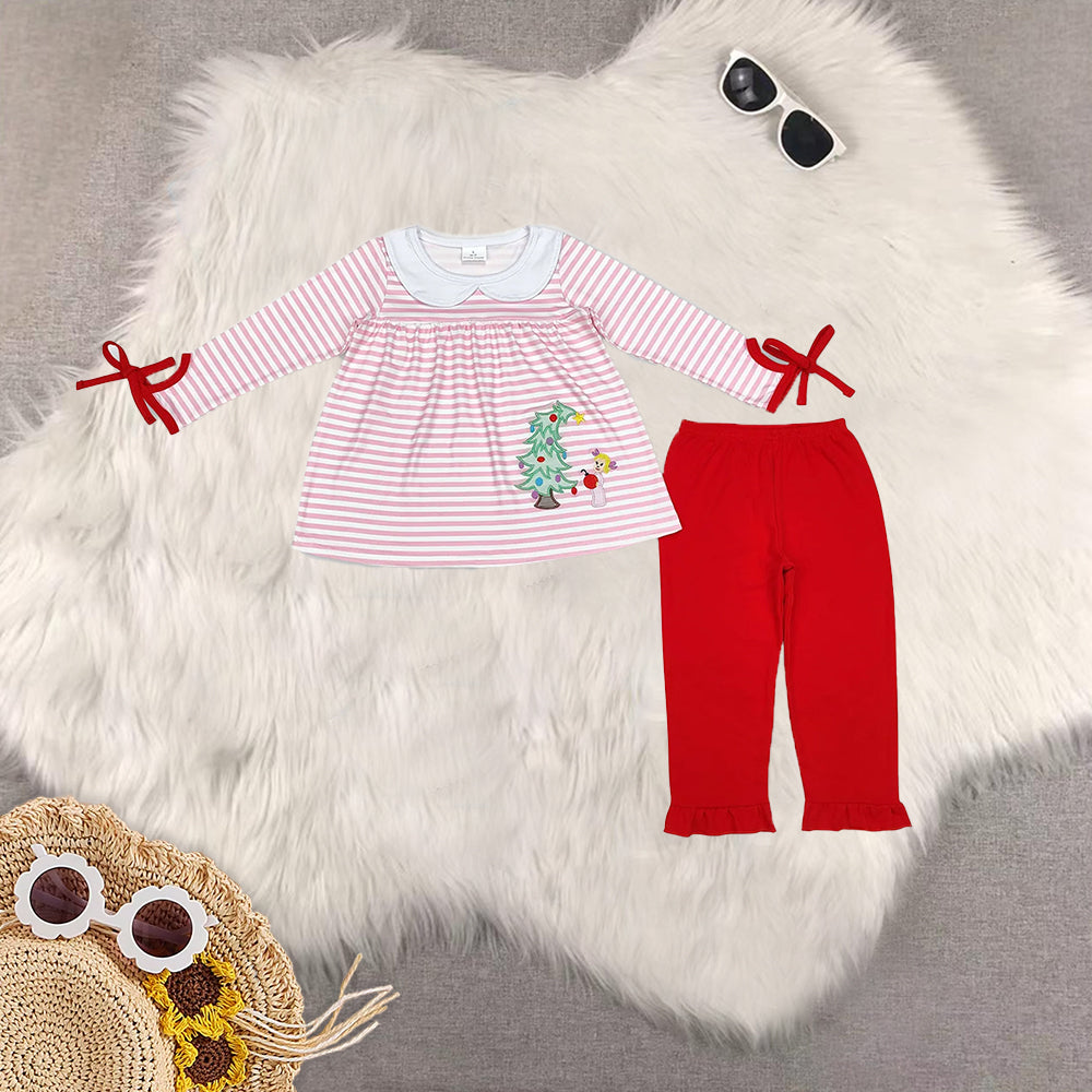 RTS NO MOQ Sibling Baby boys girls Christmas embroidery trees long-sleeved trousers suit & romper