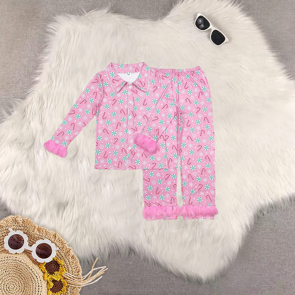 RTS NO MOQ Baby Girls and adults women Christmas Striped Candy Cane-Candy Pink Plush Button Long Sleeve Long Pants Pajama Set
